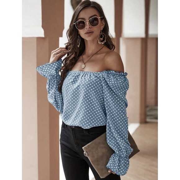 Women's Blue White Polka Dot Flounce Sleeve Frilled Blouse Size M, 36 - Picture 12 of 12